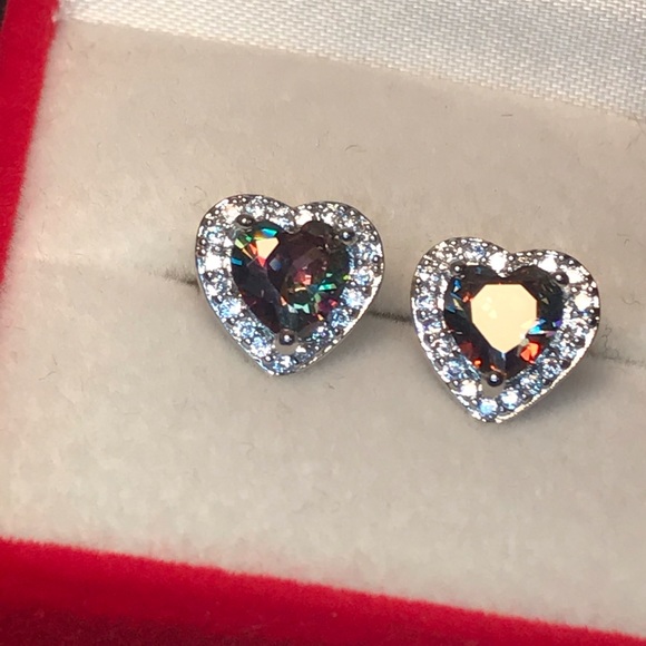 CZ Brilliant Heart Post Earrings - Rainbow Purple - Picture 2 of 5